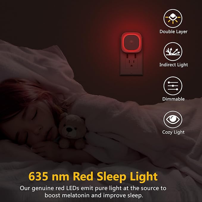 2 Pack Plug in Red Sleep Night Light with Motion Sensor & Dusk to Dawn Sensor, Soft Glow, Dimmable, LED Lights for Bedroom, Sleep, Baby Nursery, Kids, Toddler, Bathroom, Hallway, Home Decor