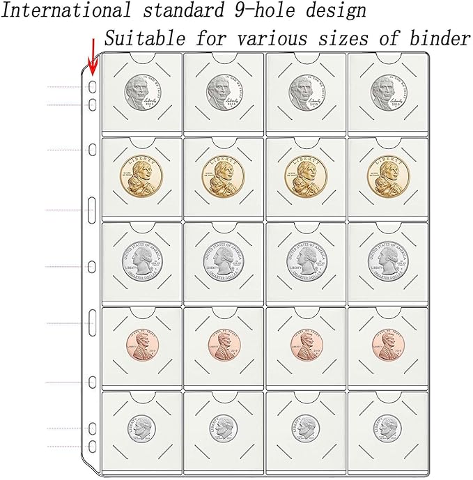 15 Sheets 300 Pockets Coin Pocket Pages for 2" x 2" Cardboard Coin Flips, Standard 9-Hole for Coins Coin Binder Collection Supplies Pages