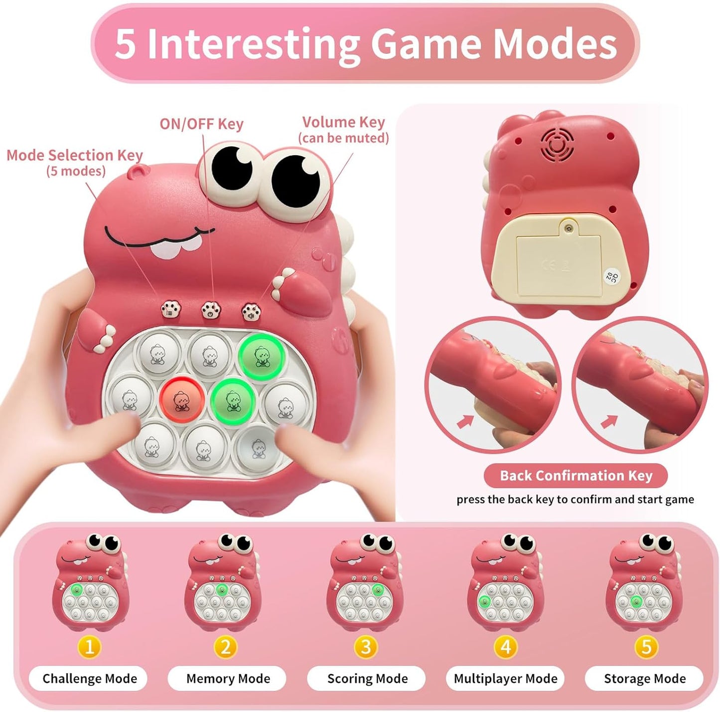 Pop Quick Push Game Light Up Fidget Toys Handheld Puzzle Press Popping Game Console for Kids Ages 3+ Adult Pink Dinosaur