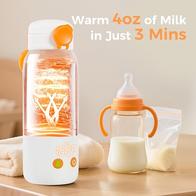 Portable Bottle Warmer for Travel, 12oz Large Capacity Fast Heating Breast Milk, Water & Formula On The Go Baby Bottle Warmer Accurate Temp Control with 4 Levels Long Battery Life for Car & Airplane