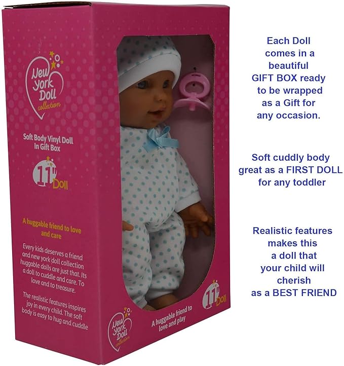 11 inch Soft Body Hispanic Newborn Baby Doll in Gift Box - Doll Pacifier Included