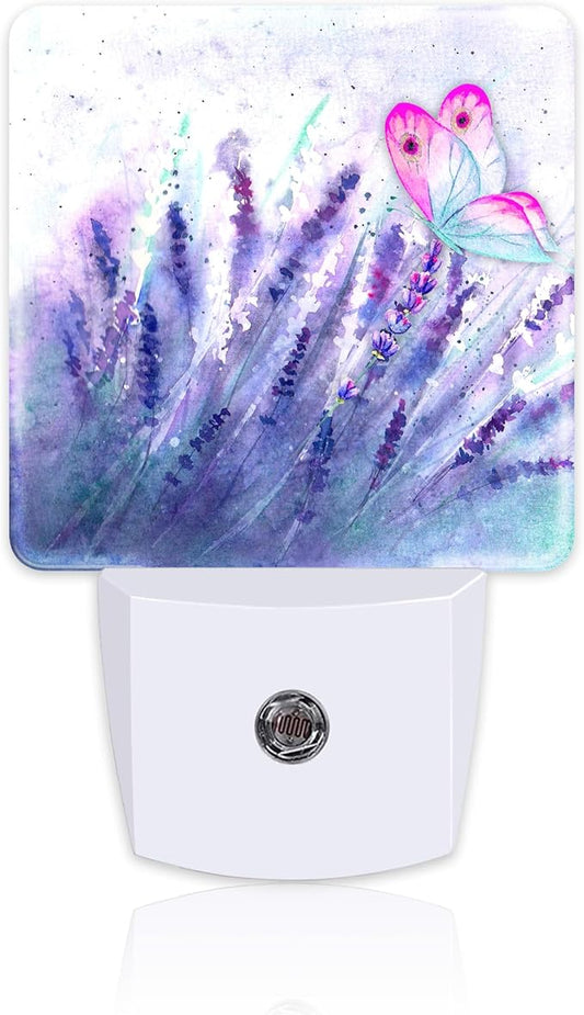 Lavender with Pink Butterfly Night Light for Kids, Watercolor Purple Meadow Floral Night Light Plug in with Dusk to Dawn Sensor, 0.5w Energy Saving Nightlight for Hallway Stairway Kitchen Bedroom