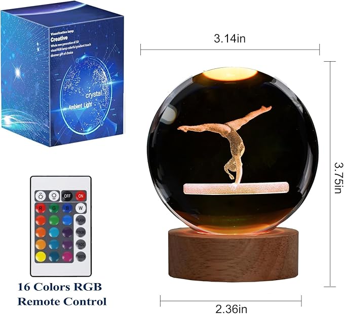 Gymnastics Night Light, Gymnastics Gifts for Girl, Gymnastics 3D (3.15 in) Crystal Ball Night Light with Remote Upgraded Lamps with 16 Color for Birthday Xmas Cool Room Decor for Boys Girls