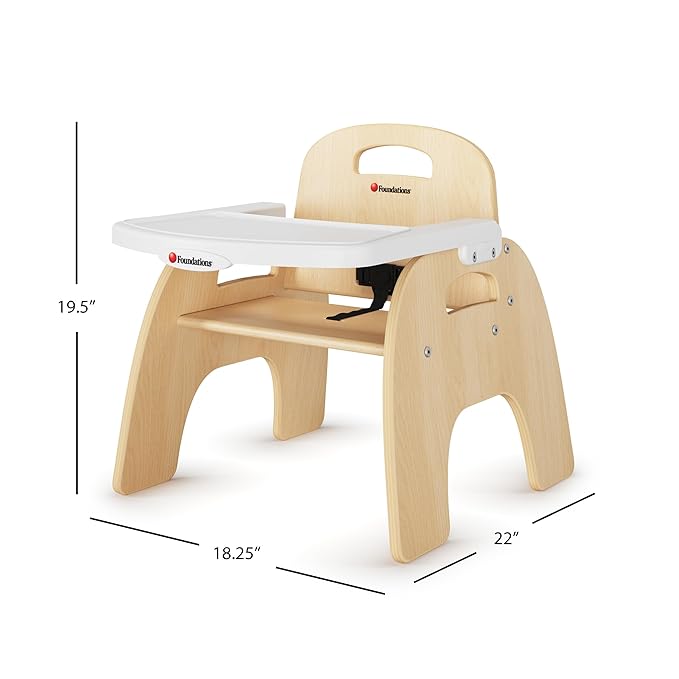 Foundations Easy Serve Low Wood Feeding Chairs Multipack, Adjustable Harness, Removable Dishwasher Safe Tray, No-Tip Base, Stackable Toddler Chairs, 2 Pack (9 inch)