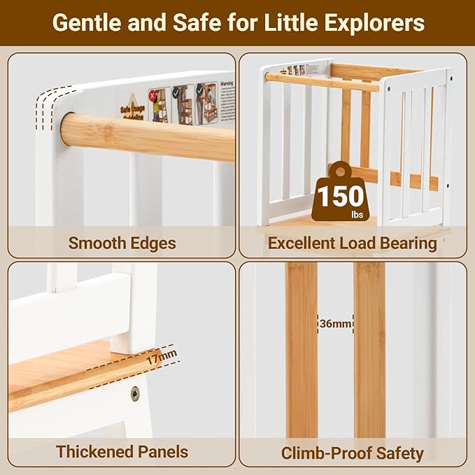 COSYLAND Kids Kitchen Step Stool Helper - Wooden Standing Tower for Kids with Anti-Tip Support Legs - Mothers' Helper Kids Learning Stool for Kitchen Counter (White & Natural)