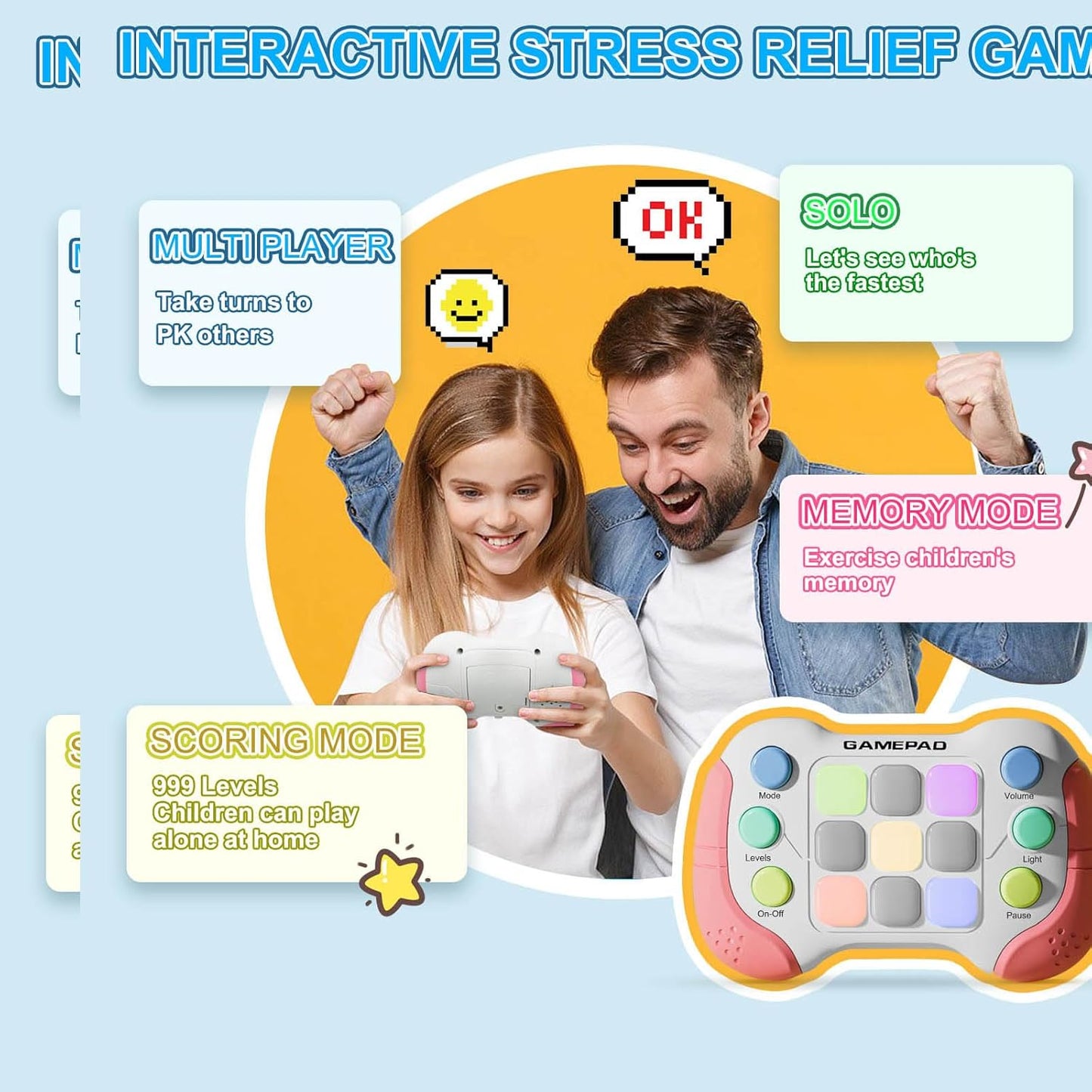 Portable Game Console, Upgraded Quick Press Game, Light up Fidget Toy for Boys Girls Toddler, Fast Push Game Controller, Mini AutismToys Gaming Gift for Children Student, Back to School