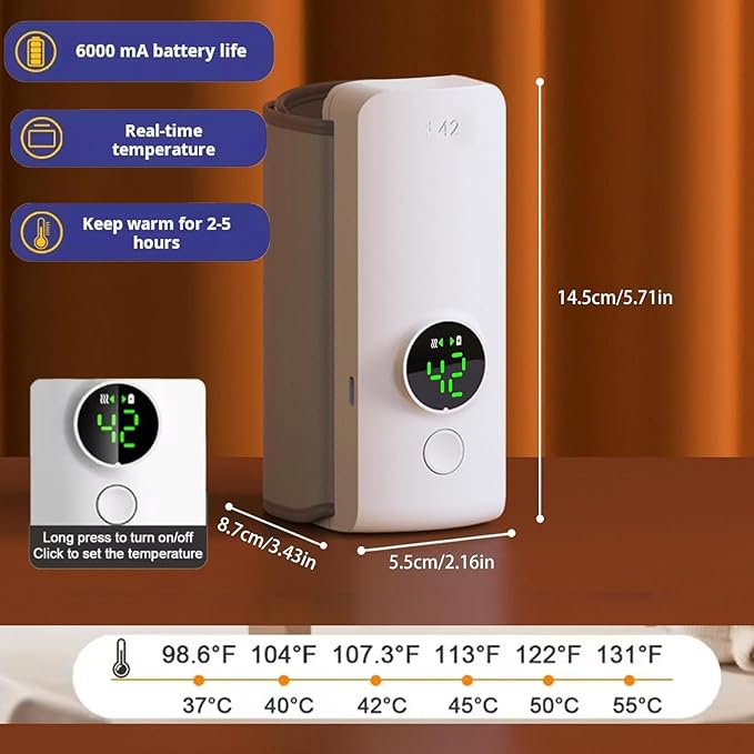 Portable Bottle Warmer - Shmian 6-Temperature Fast Heating in 20 Mins, 6000mAh USB Rechargeable for Travel | Night Vision Display | Fits Most Bottles