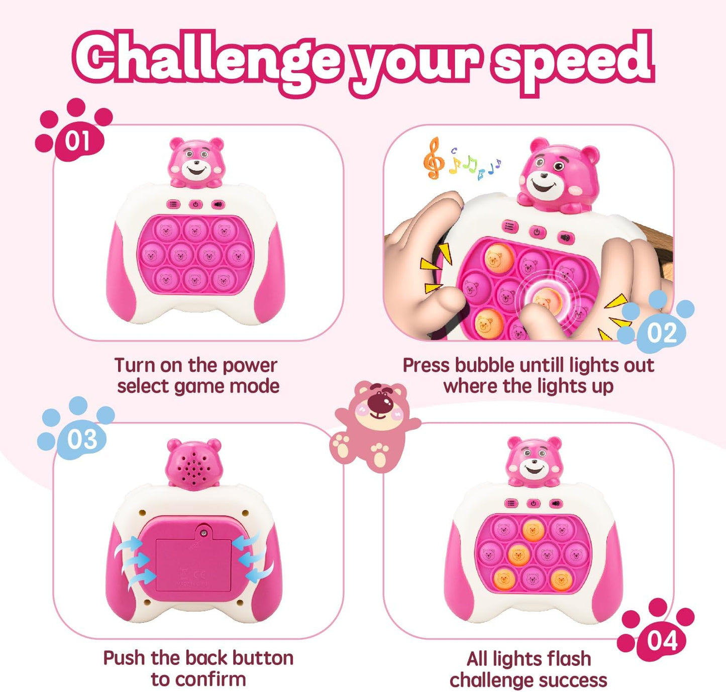 Fast Push Game,Light up pop Game Light up Fidget Toy,Fast Quick Push Bubble Game,pop pro Light up Game,Quick Push pop Game Birthday Xmas Gifts for Boys Girls Adults (Strawberry Bear:Rose Red)