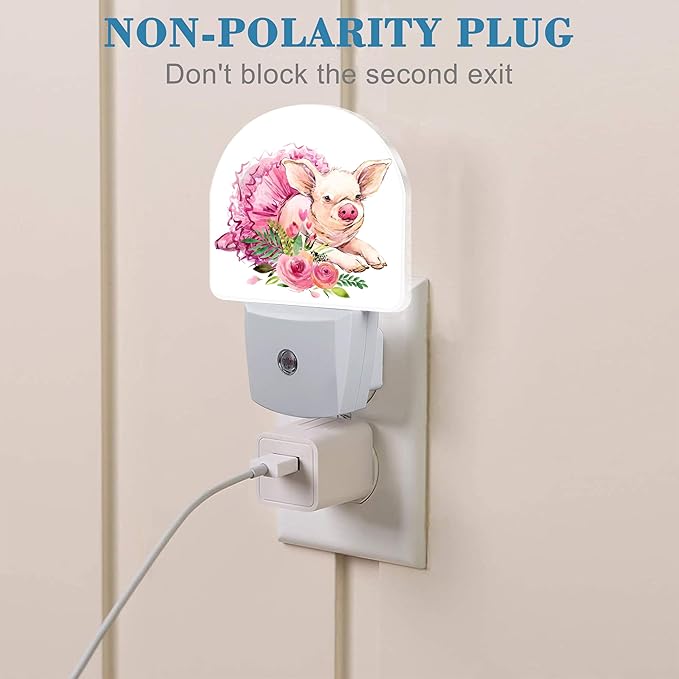 Watercolor Cute Flower Pig Night Light for Kids, LED Night Light Plug into Wall with Dusk to Dawn Sensor for Girls Boys Women Men Room Decor, Hallway, Kitchen, Bathroom, Nursery, Stairs