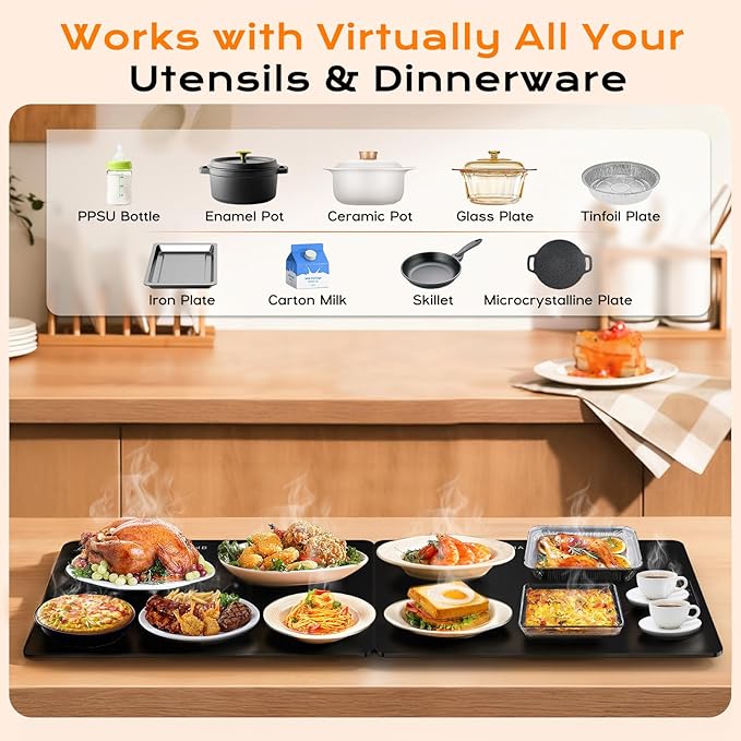 Electric Warming Mat for Food 32" x 12", Tempered Glass Top,Food Warmer Tray for Countertop, Parties Buffet,Gatherings,Adjustable 104–212°F with 1–12h Timer,Built-in Thermostat & Overheat Protection