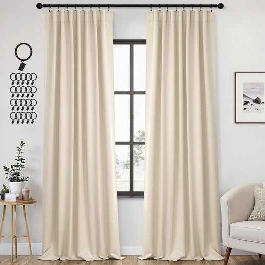 ANRODUO Back Tab Blackout Curtains for Bedroom Living Room, Rod Pocket Pinch Pleated Thermal Insulated Room Darkening Curtains 96 Inches Long 2 Panels, Cream Beige, 42 x 96 Inch