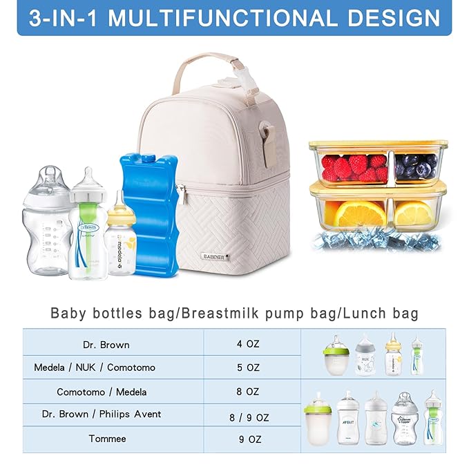 Breastmilk Cooler Bag with Ice Pack Fits 6 Baby Bottles up to 9 Ounce, Breast Milk Pump Cooler Bag with Shoulder Strap for Nursing Mom Daycare, Work, Travel- Cream