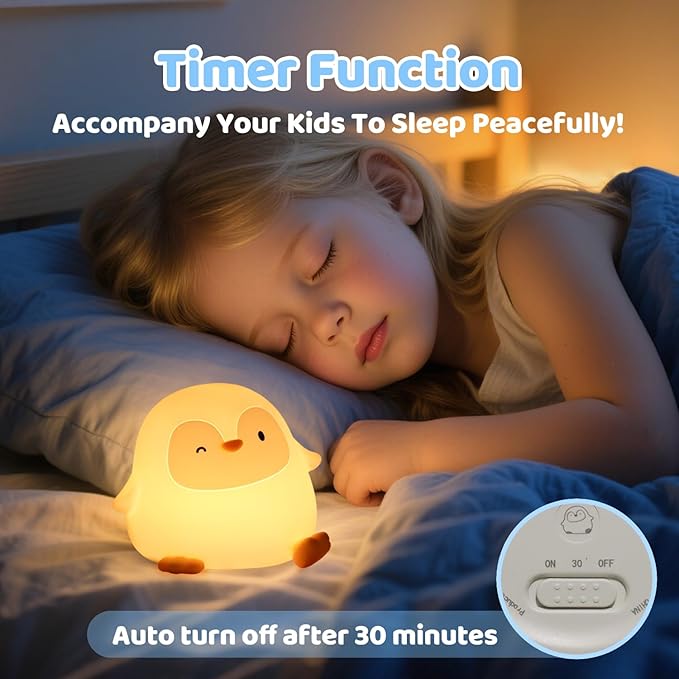 Squishy Penguin Silicone Night Light for Kids - USB Rechargeable LED Lamp with Soft Touch, Long Lasting Battery & Touch Control - Cute Penguin Light for Kids Room, Decor & Gifts