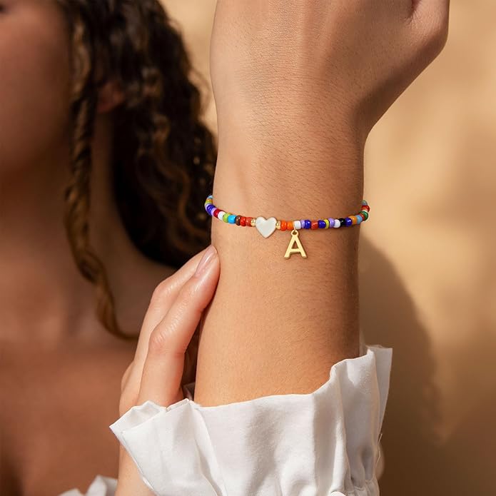 Colorful Initial Bracelets for Women Girls - Cute Beaded Heart Initial Bracelet Teen Girl Gifts Trendy Stuff, Bohemian Gold Charm Bracelet Personalized Gifts for Women Girls Jewelry
