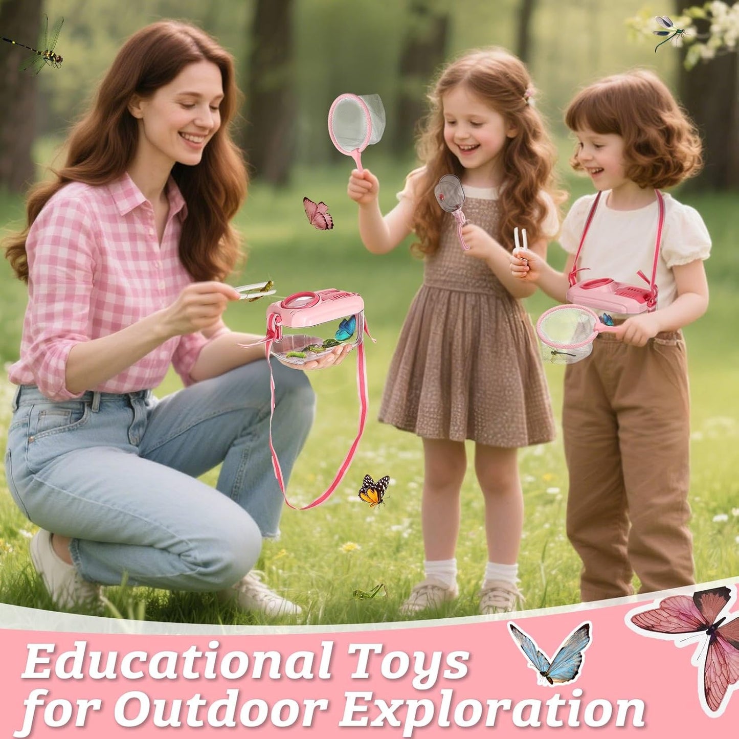 2 Set Bug Catcher for Kids- Educational Bug Catching Kit Including Butterfly Net, Insect Clip, Tweezer, Outdoor Toys for Kids Ages 3-10 (Pink)