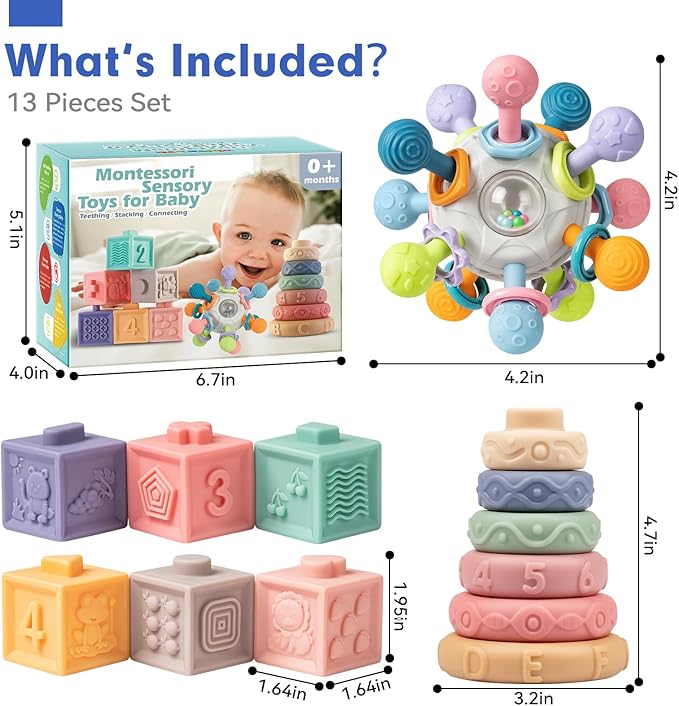 SpringFlower 3 in 1 Montessori Toys for Babies 0-3-6-12 Months, Rattle Teether & Baby Blocks & Soft Stacking Rings, Sensory Developmental Education Toys,Gift for Toddler Baby 0-3-6-12-18 Months