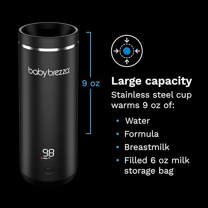 Baby Brezza Portable Warmer – 67% Faster Baby Bottle Warming - Travel Breastmilk and Formula Warmer - Safe, Even Heating - Up to 9oz - No Adapters, Black
