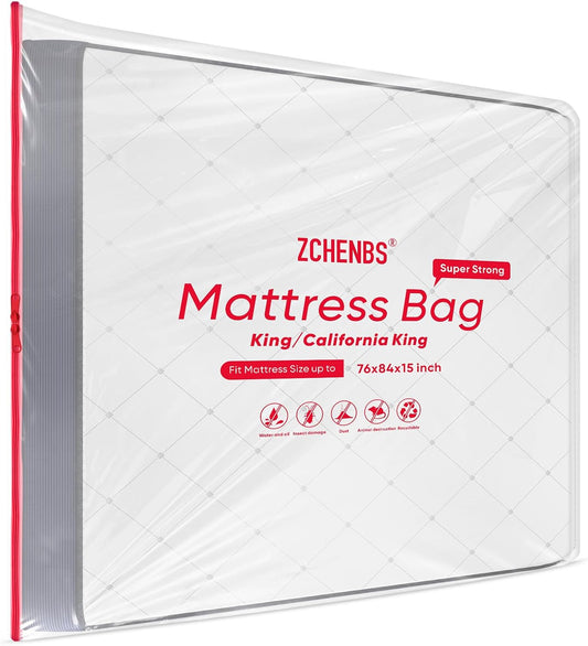 ZCHENBS® – Mattress Bags for Moving and Storage,Mattress Bag with Zippers,5 Mil Ultra-Thick Bed Bag,Waterproof,Anti-Tear,Heavy-Duty Mattress bag (Transaparent/Red, King/California King-(1 Pack）)