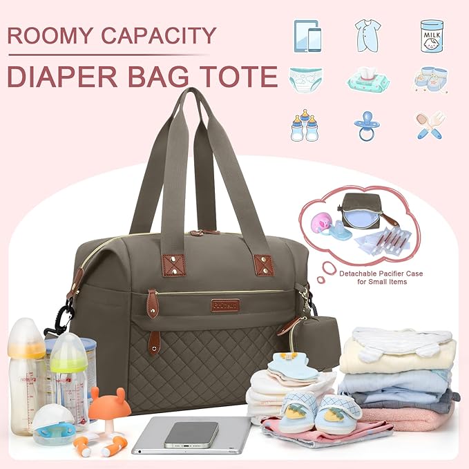 Diaper Bag Tote, Diaper Baby Bags with Pacifier Case, Shoulder Straps, Stroller Clips, Waterproof Large Mommy Maternity Travel Baby Bag for Mom and Dad, khaki, Medium