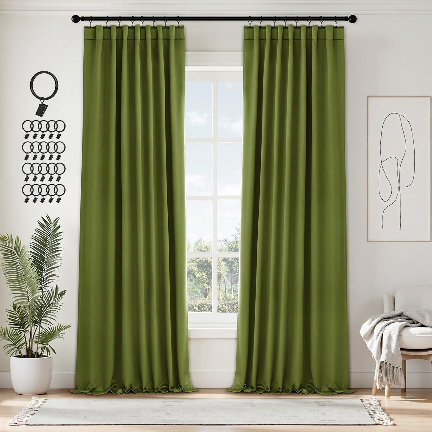 ANRODUO Back Tab Blackout Curtains for Bedroom Living Room, Rod Pocket Pinch Pleated Thermal Insulated Room Darkening Curtains 96 Inches Long 2 Panels, Olive Green, 42 x 96 Inch
