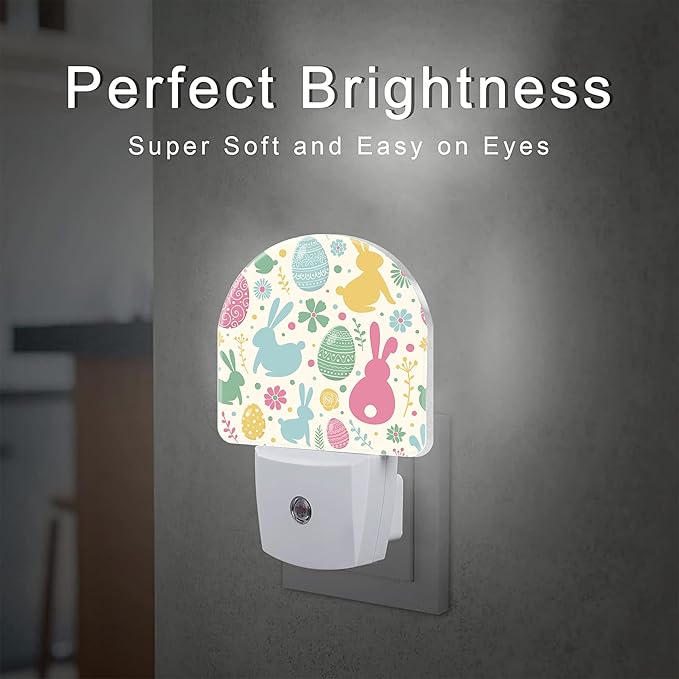 Easter Bunnies and Eggs Night Light, Colorful Rabbits and Flowers Dusk to Dawn Night Light Plug in,0.5w Energy Saving Sleep Friendly NightLight for Kids Boys Girls Home Decor