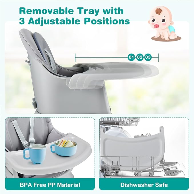 KOTEK Baby High Chair, 8 in 1 Convertible Highchairs for Babies and Toddlers, Building Block Table, Booster Seat, Toddler Chair with Removable Tray, Safety Harness, Dual Cushions (Gray)