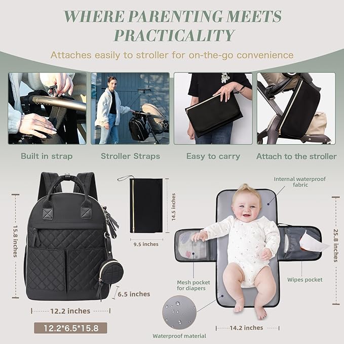 Diaper Bag Backpack, Baby Diaper Bag with 18 Pockets, Large Baby Bag Backpack for Girl Boy, Waterproof Diaper Bag with Changing Pad,Wet Dry Bag, Black