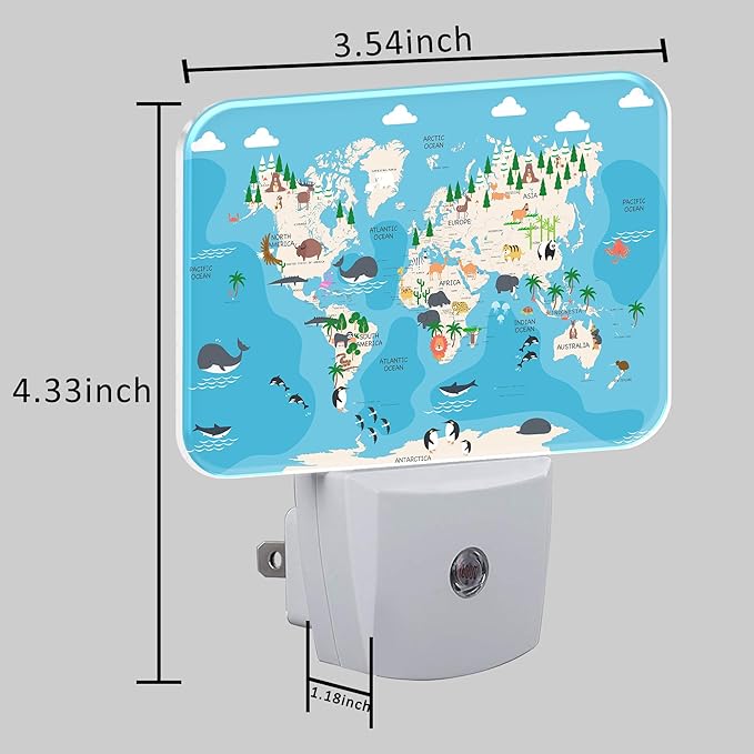 Cute Animal World Map Night Light for Kids Girls Boys, Cartoon World Map LED Night Light Plug into Wall with Dusk to Dawn Sensor for Room, Hallway, Kitchen, Bathroom, Stairs Decor