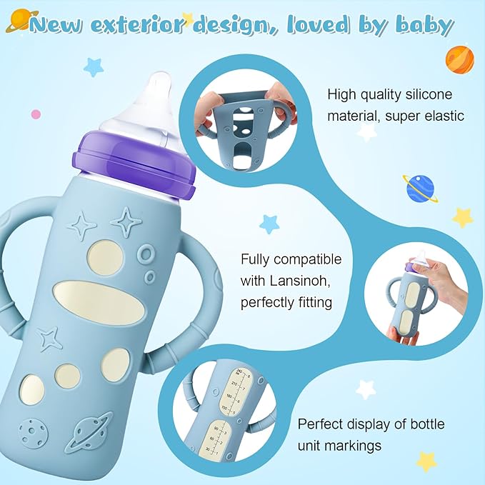 Mity rain 3 Pack Silicone Sleeves for Lansinoh Glass Bottles 8 OZ - Anti Breakage Baby Bottle Holder, Compatible with Lansinoh Glass Bottles for Babies with Handle