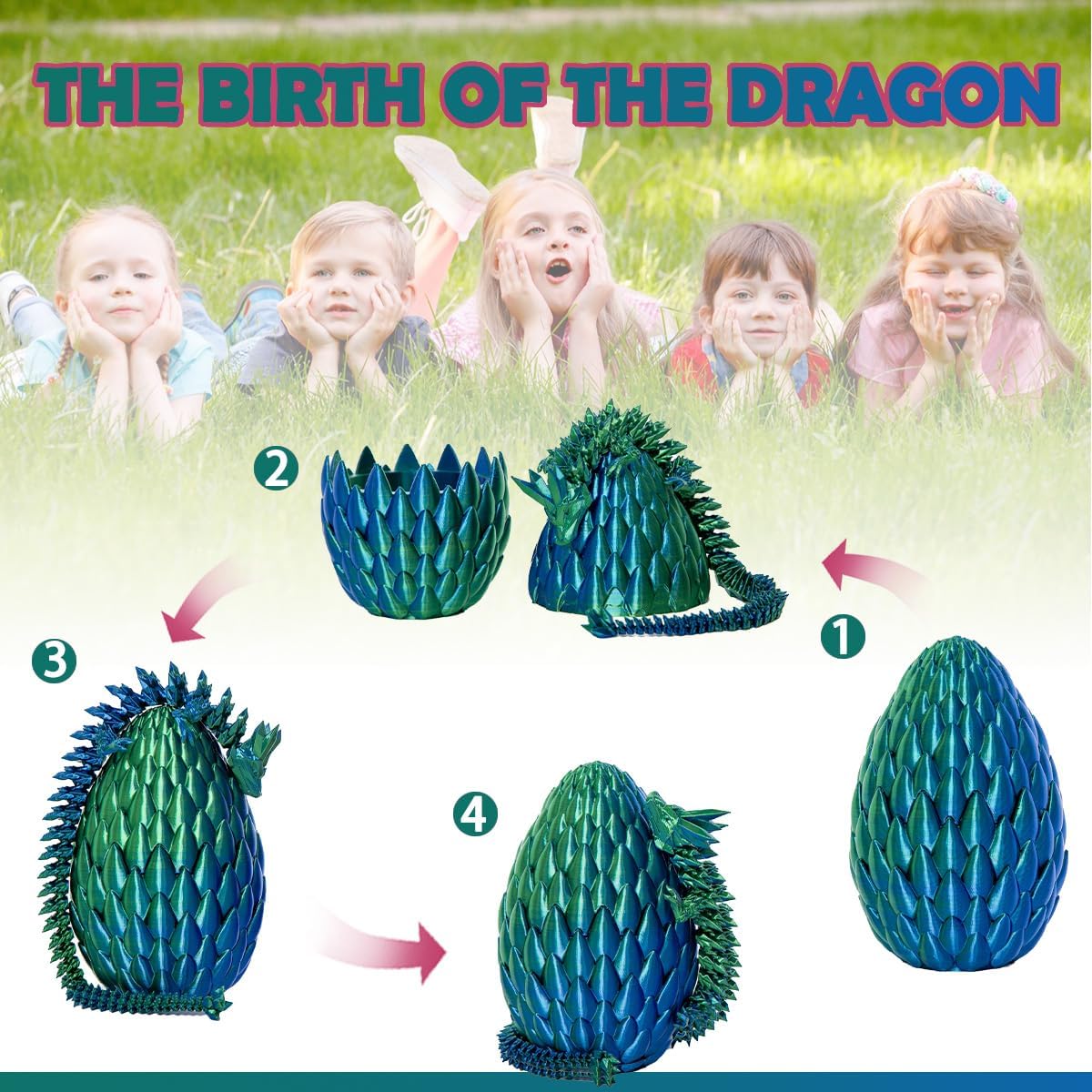 Dragon Eggs with Dragon Inside, 12In Laser Blue Green 3D Printed Dragon Egg Fidget Toy, Executive Desk Articulated Dragon Toy, Home Office Decor