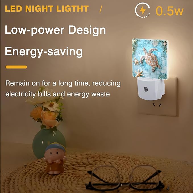 Vintage Ocean Turtle Night Light, World Map Plug-in Nightlight with Dusk to Dawn Auto Sensor for Home Bedroom Hallway Kitchen 0.5W Sleep Friendly Led Lamp for Women Men