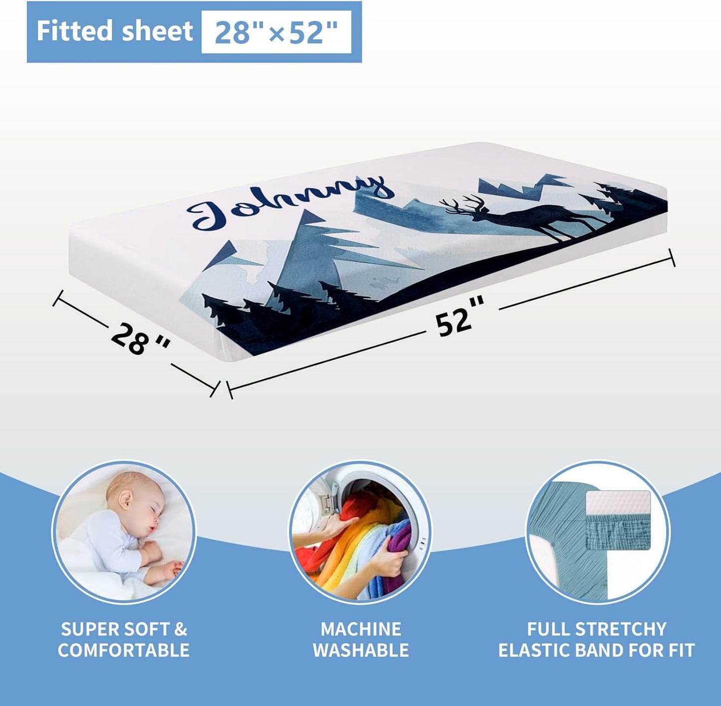 Custom 5-Piece Baby Crib Bedding Set, Personalized Name for Toddlers, Blue Deer Nursery Set for Boy Girl, Double Layer Infant Crib Set, Customized Gifts