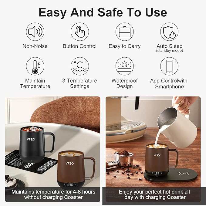 Temperature Control Smart Mug, Self Heating Coffee Mug LED Display, 180 Min Battery Life - Hot up to 149℉ Fast Wireless Charger Base Improved Design coffee serving sets mug(12oz, Coffee)