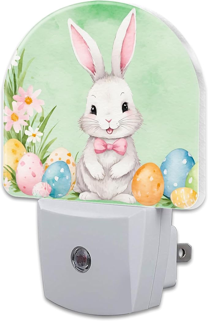 Cute Easter Bunny and Eggs Night Light, Easter Rabbit and Flowers Dusk to Dawn Night Light Plug in,0.5w Energy Saving Sleep Friendly NightLight for Kids Boys Girls Home Decor