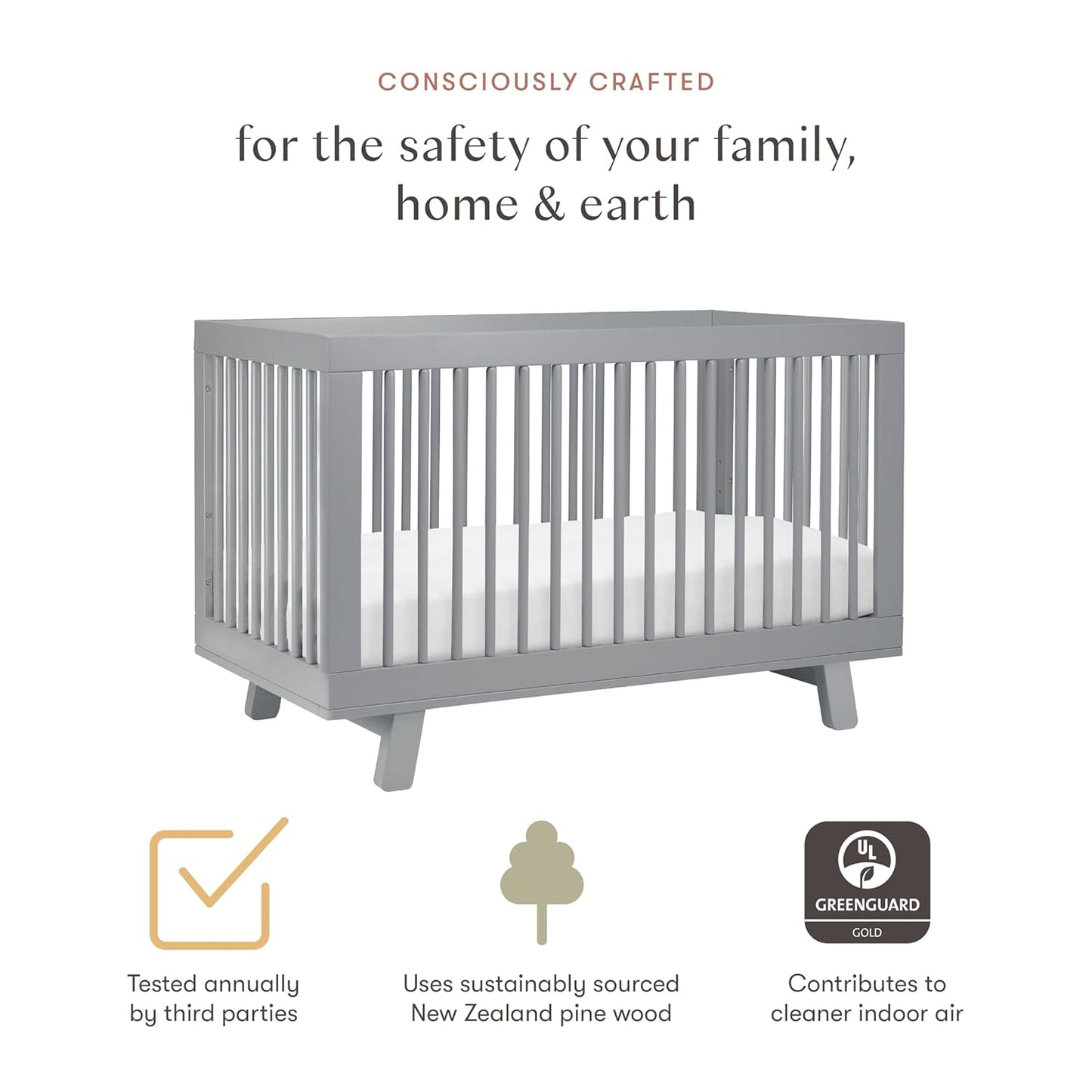 Babyletto Hudson 3-in-1 Convertible Baby Crib - GREENGUARD Gold Certified Convertible Crib to Toddler Bed & Daybed - Wooden Baby Bed with 4 Adjustable Mattress Heights - Strong & Easy Assembly - Grey