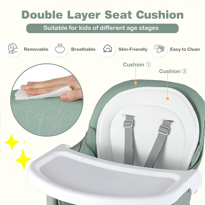 KOTEK Baby High Chair, 8 in 1 Convertible Highchairs for Babies and Toddlers, Building Block Table, Booster Seat, Toddler Chair with Removable Tray, Safety Harness, Dual Cushions (Green)