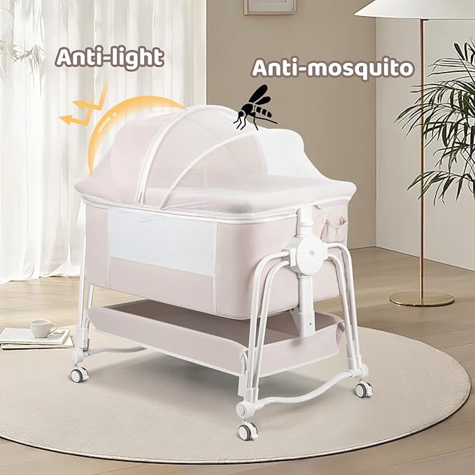4 in 1 Baby Bassinet Bedside Sleeper, Rocking Baby Crib with Lockable Wheels, Storage, Mosquito Net and Matress Included, 7 Level Adjustable Bedside Bassinet for Baby Newborn(Cream)