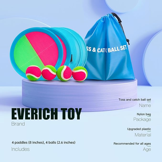 EVERICH Upgraded Toss and Catch Ball Game Set - Indoor and Outdoor Games for Kids 3-12, Beach Sand Pool Water Toy Includes 4 Paddles 4 Sticky Balls, Great Birthday Easter Gifts for Boys Girls