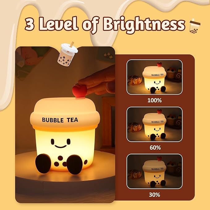 Attivolife Bubble Tea Night Light, Cute Boba Tea Nursery Silicone Lamp, Rechargeable Protable for Bedroom Home Table Decor Light with Dimmable & Timer, Christmas Birthday Gift for Kid Children Toddler