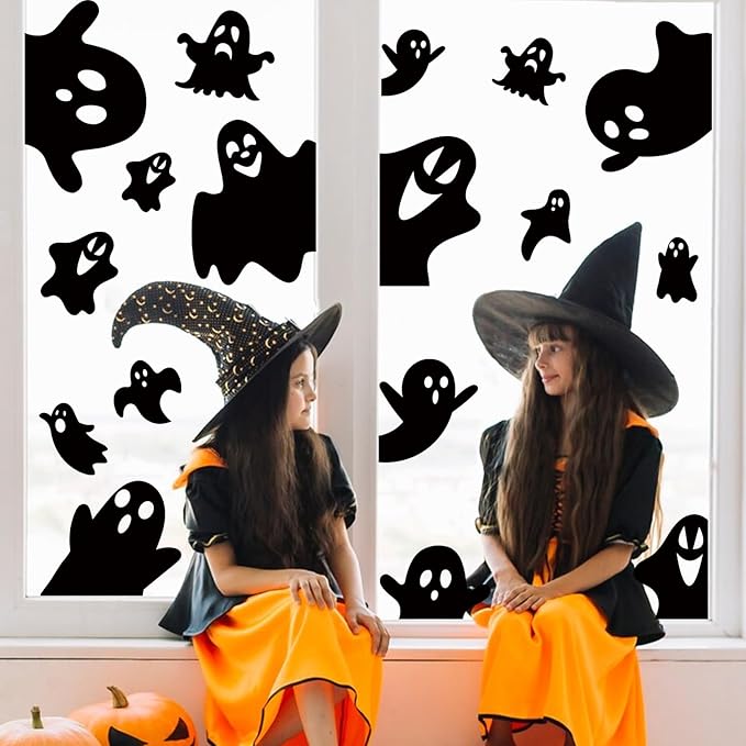 Whaline 9 Sheets Halloween Window Clings Black Ghost Silhouette Reusable Window Decals for Spooky Holiday Haunted House Home School Office Glass Decor