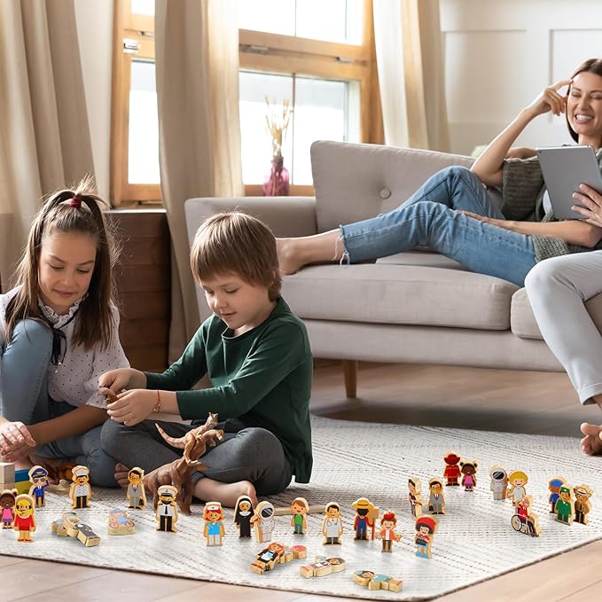 Kathfly 36 Pcs Wooden Community Helpers Community Wooden Toy Preschool Little Professionals Block Character Set Multicultural Career Figurines Creative Play Social Emotional Learning Wood People Toy