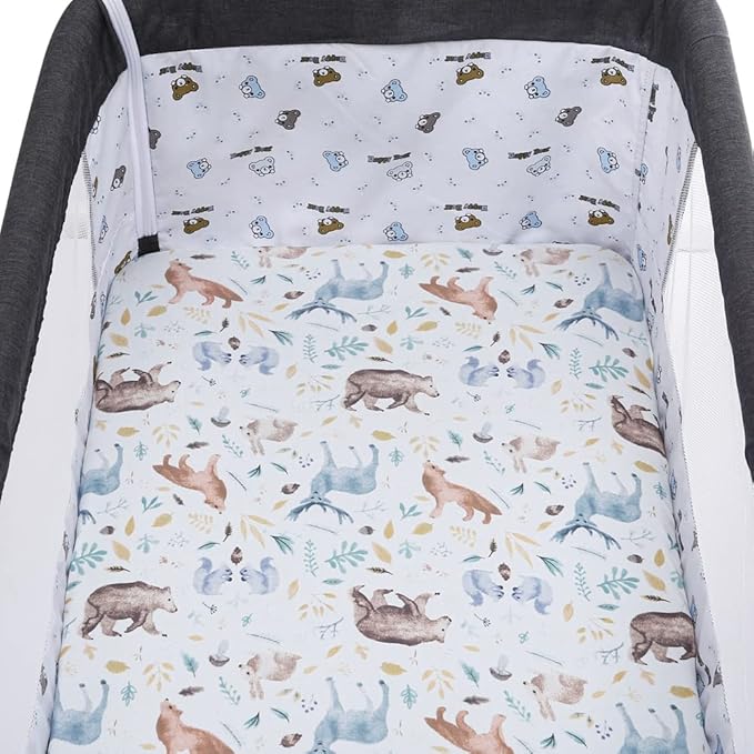 Pack n Play Sheet Stretchy Fitted Portable Mini Crib Sheets Set 3 Pack,Playard Sheets Convertible Playard Mattress Cover,Ultra Soft Jersey Material,Sun/Forest Deer/Dinosaur