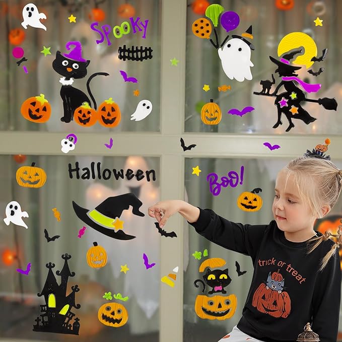Halloween Window Clings Gel, Witch, Witch Hat, Black Cat, Castle, Home Party Supplies Window Glass Decorations