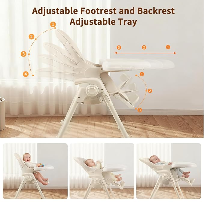 High Chair, Foldable High Chairs for Babies and Toddlers, Adjustable Height, Backrest and Footrest, Removable Tray, Beige