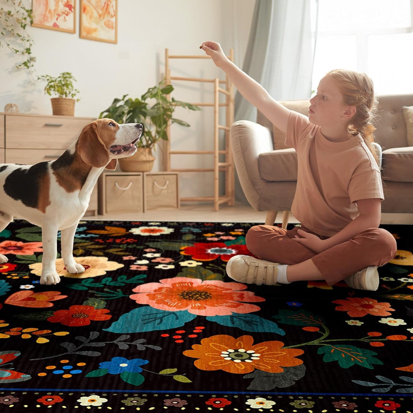 Floral 2x6 Area Rug Machine Washable Soft Print Boho Carpet Non Slip Doormat Low Pile Flower Area Rugs for Living Room Bedroom Nursery Kitchen Dining Room Indoor-Black