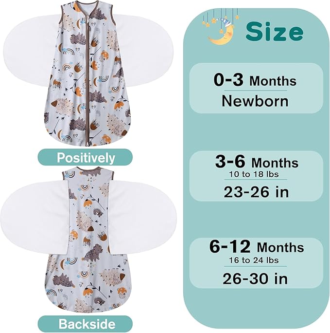Newborn Sleep Sack Baby Swaddle,3-Way Adjustable Wearable Blanket,100% Rayon Cotton Swaddling Sleeping Bag，TOG 0.5 (Fox & Dinosaurs, 0-3 Months)
