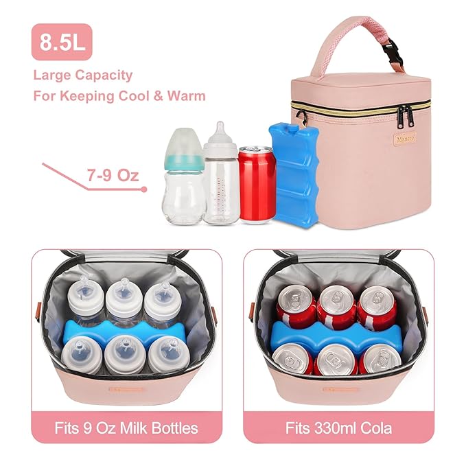 Mancro Breastmilk Cooler Bag Fits 6 Bottles Up to 9 Ounce, Insulated Baby Bottle Bag Comes with ice Pack and Shoulder Strap, Baby Bottle Cooler Bags for Daycare Nursing, Pink