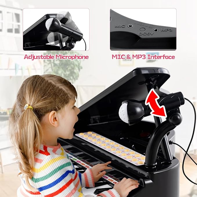 HONEY JOY Classical Kids Piano, 31-Key Toy Mini Grand Piano with Music Stand & Stool, Portable Electronic Piano Educational Musical Instrument Toy w/ Microphone, Lights, Gift for Kids (Black, 31 Keys)