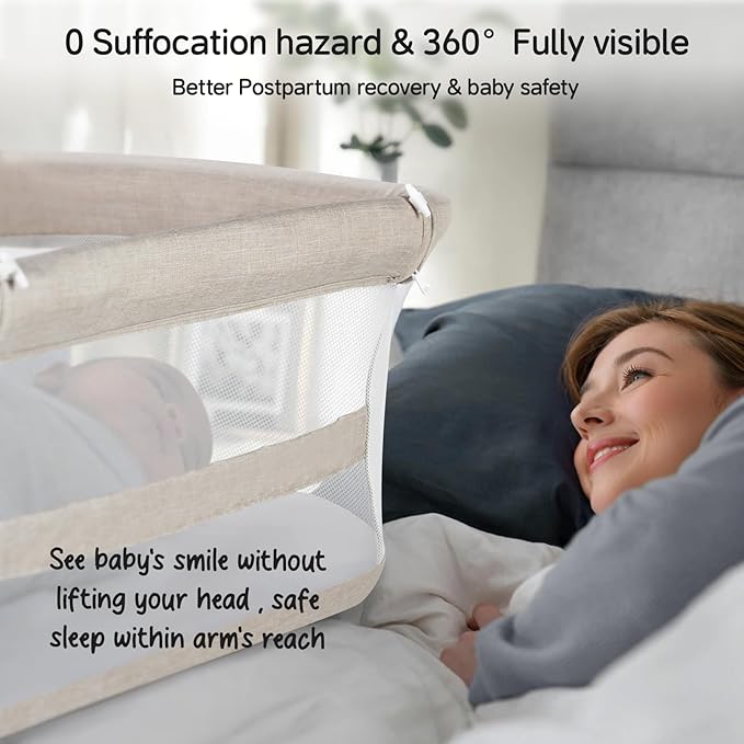 Cowiewie Bassinet Bedside Sleeper,Baby Bassinets Higher Place on Bed,5-Position Adjustment Baby Crib,Breathable 360°All-Around Mesh Sides Bedside Bassinet,Space-Saving Bedside Cribs, Beige