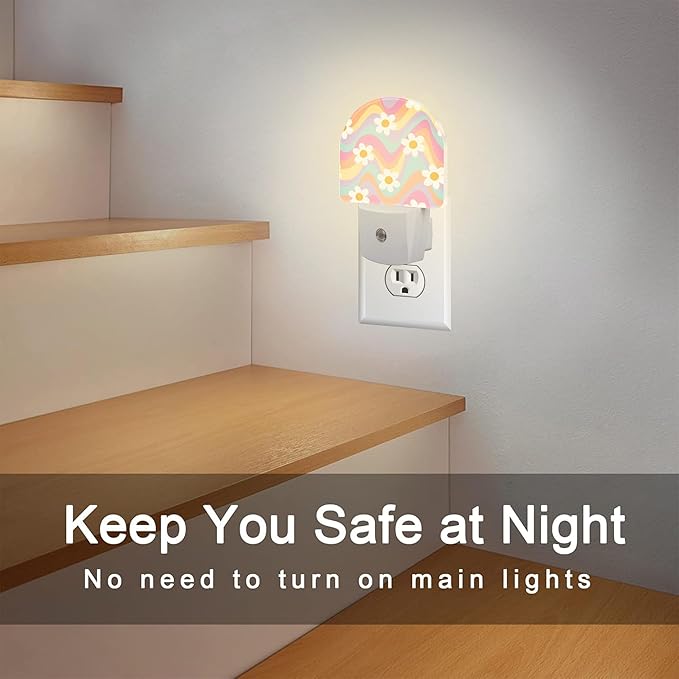 Groovy Hippie Daisies Flowers Night Light for Kids,Retro Rainbow Wavy Floral Night Light Plug in with Dusk to Dawn Sensor,0.5w Energy Saving Nightlight for Hallway Stairway Kitchen Bedroom
